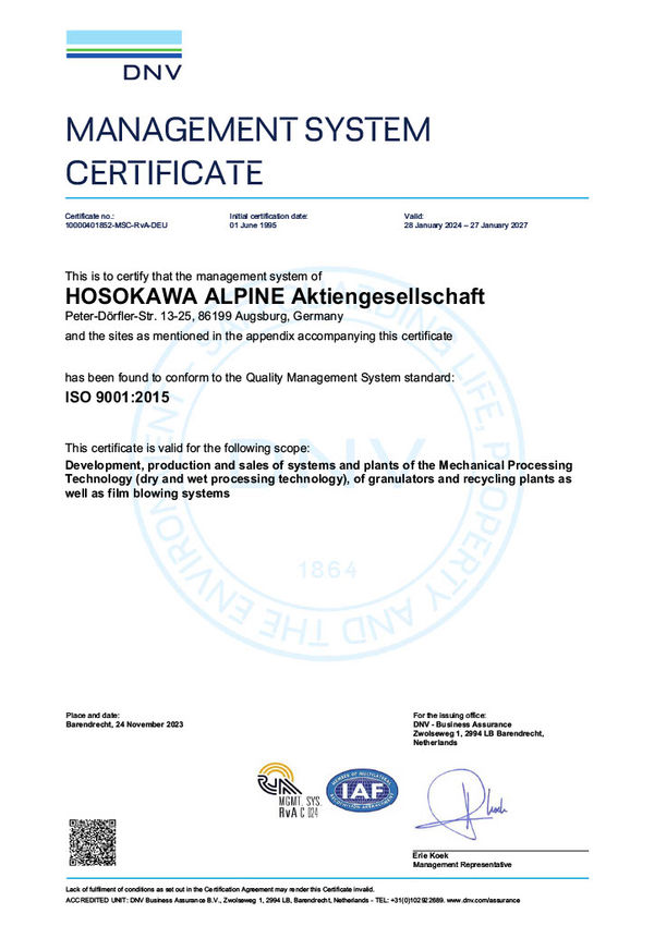 Le certificat du système de gestion ISO 9001:2015 pour Hosokawa Alpine.