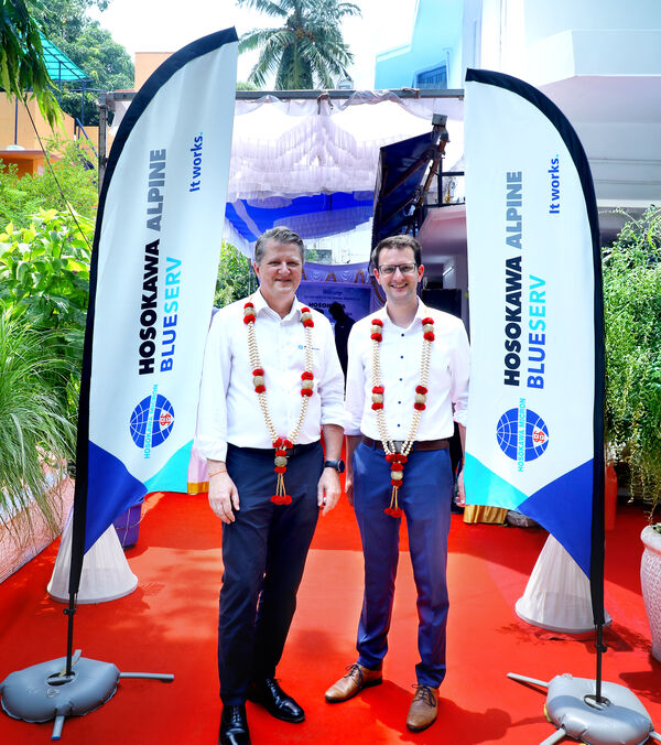 Alexander Auer, Vice President Blueserv Powder & Particle Processing, (left) and his colleague Christian Hoffmann, Director Blueserv Blown Film, at the official opening of the Blueserv hub in Chennai, India.