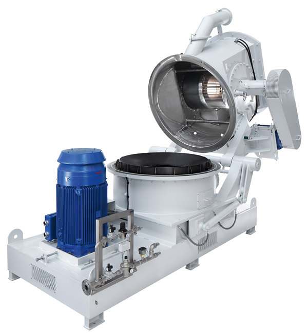 Un moulin classificateur Hosokawa gris nommé Zirkoplex ZPS avec un moteur bleu en état ouvert.